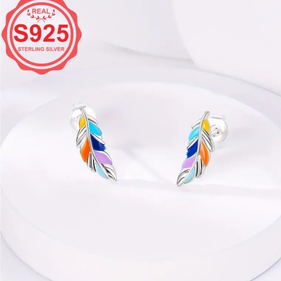 Colorful Sterling Silver Feather Earrings - Picture 2 of 4